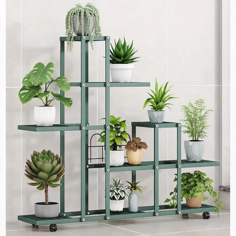Garvee 6 Tier Indoor and Outdoor Plant Rack Iron Plant Rack for 9 Pots, Foldable and Rotating Flower Stand, Space-Saving Plant Display for Living Room, Balcony and Garden - Image 1