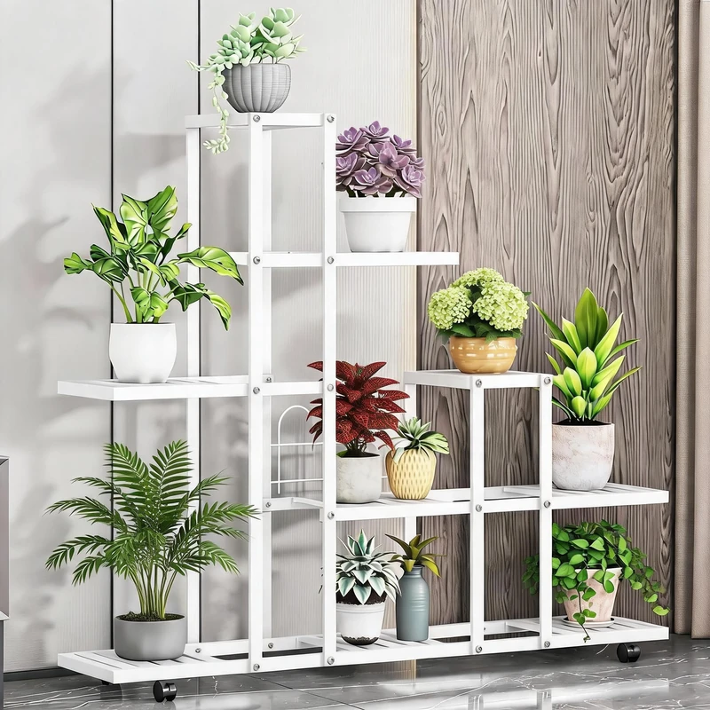 Garvee Indoor and Outdoor Plant Stand, Iron Plant Rack for Pots, Flower Stand with Wheels, Space-Saving Plant Display for Living Room, Balcony and Garden (6 Levels (White)
