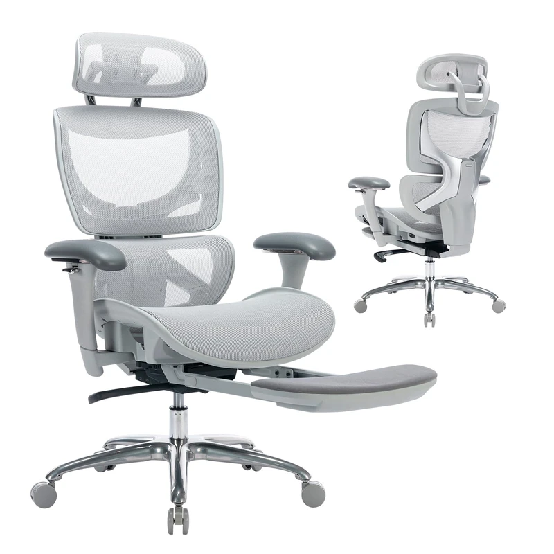 COLAMY Ergonomic Mesh Office Chair with Footrest, Executive High Back Computer Desk Chair with Wide Headrest and Adjustable 3D Arms, Backrest, Tilt Lock and Lumbar Support(Grey)