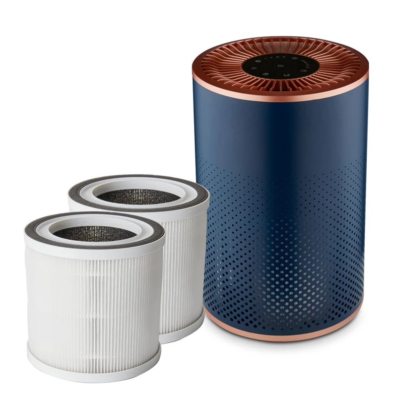 Tower Desktop Air Purifier and HEPA Filter Bundle, Air Purifier with 2 Replacement Filters, CADR 120m³/h, 4 Speed Settings, Midnight Blue & Copper, EEJB501 - Image 1