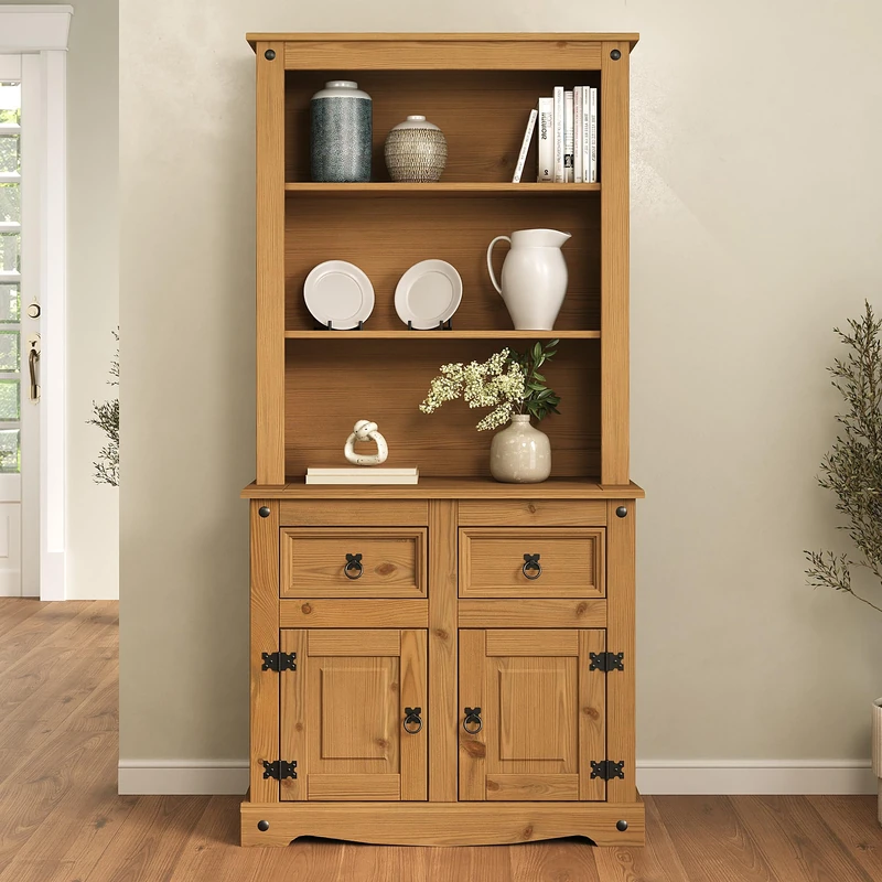 Corona Sideboard with Hutch Welsh Dresser Top 2 Door 2 Drawer Solid Waxed Pine Wooden Storage Cabinet with Shelves for Kitchen Hallway Living Room