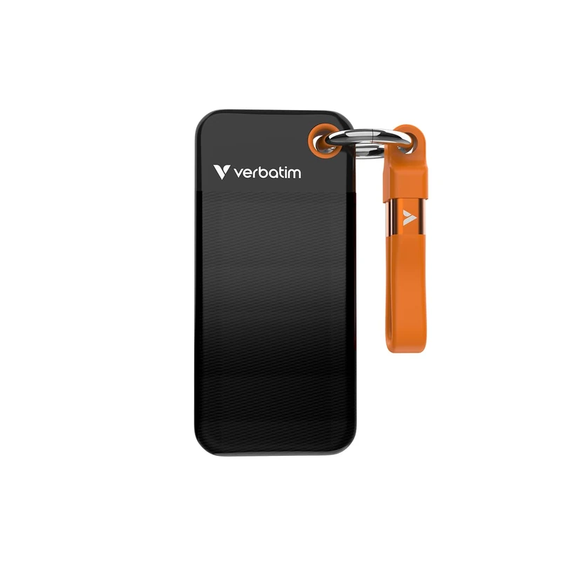 Verbatim Pocket SSD 512GB Portable External Storage Drive, USB-C 3.2 Gen 2, Up to 1000MB/s, Compact SSD with Keyring & Cable Holder – 32285 Black/Orange