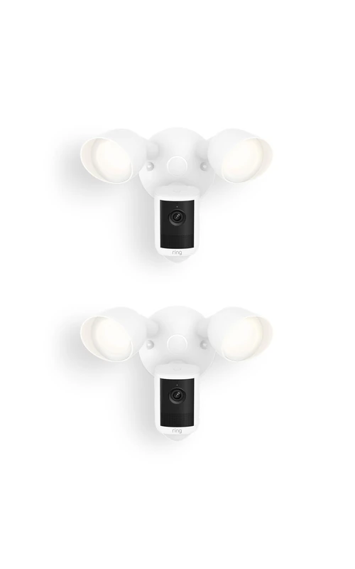 Ring Floodlight Cam, Wired (newest gen), Wide-Angle Retinal 2K Video, 6x Enhanced Zoom, Ultra-Bright Floodlights, 30-day free trial of Ring Subscription Plan, White (Pack of 2)
