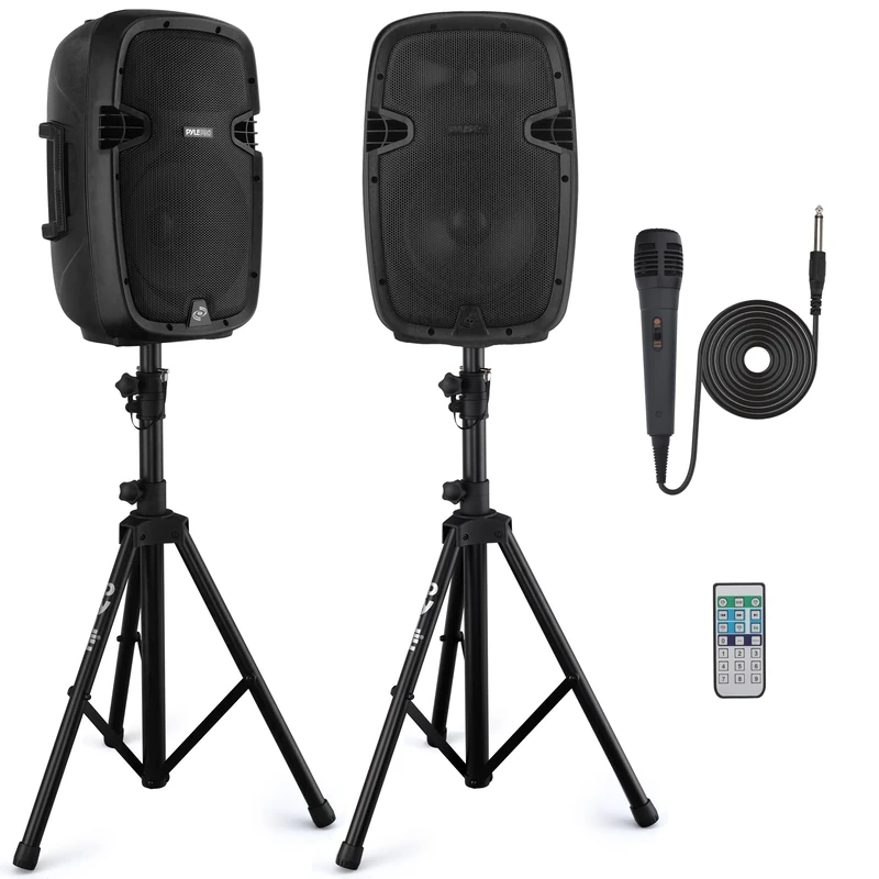 Pyle Wireless Portable PA Speaker system - 1000W High Powered Bluetooth Compatible Active + Passive Pair Outdoor Sound Speakers w/USB SD MP3 AUX - 35mm Mount, 2 Stand, Microphone, Remote