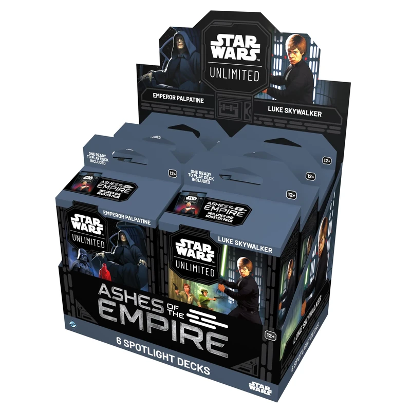 Asmodee Star Wars: Unlimited TCG Ashes of the Empire Luke Skywalker and Emperor Palpatine SPOTLIGHT DECKs - 6 Prebuilt 50-Card Deck with Booster Pack, Ages 12+, 2+ Players, 20 Minute Playtime