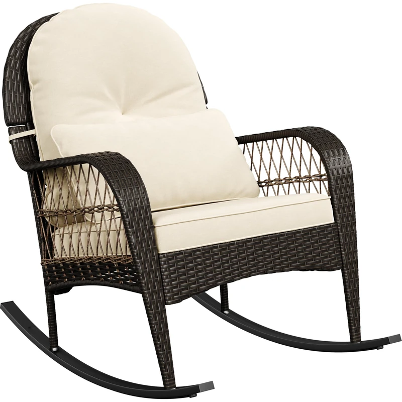Yaheetech 1PC Outdoor Rocking Chair, Garden Rattan Wicker Rocking Chair with Lumbar Pillow & Cushion, All-Weather Hand-Woven Relaxing Rocker for Patio, Poolside, Porch, Balcony, Brown/Beige - Image 1