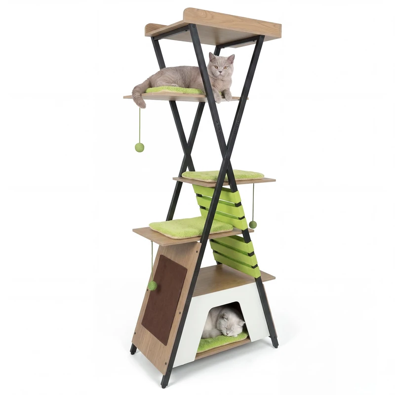 GYMAX Multi-level Cat Tree, 185CM Wooden Cat Tower (Green + Natural)