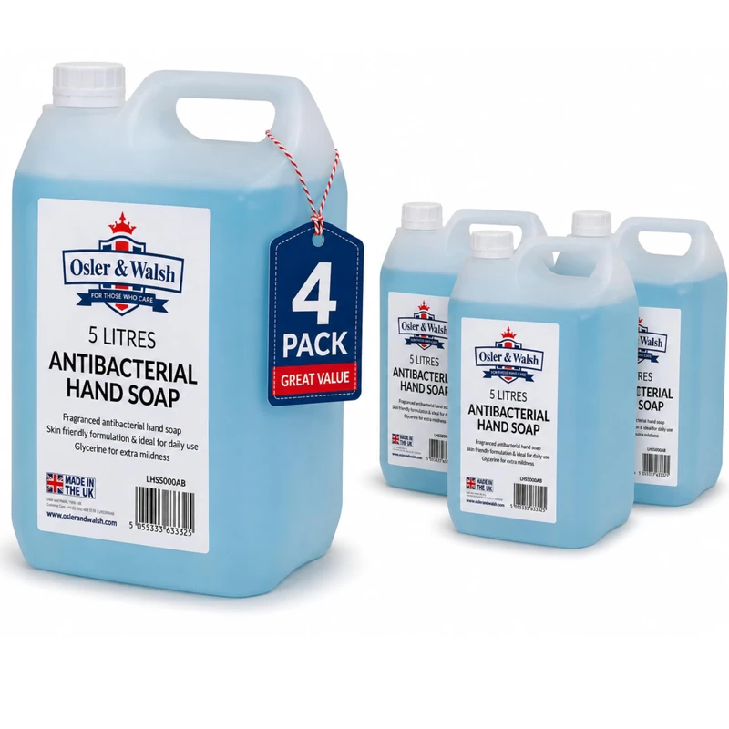 Osler & Walsh 5 Litre Antibacterial Blue Hand Soap Pack of 4 (20 Litres Total), Lightly Fragranced Liquid Hand Wash, Hydrating & Non-Sticky, Ideal for Home, Office & Schools