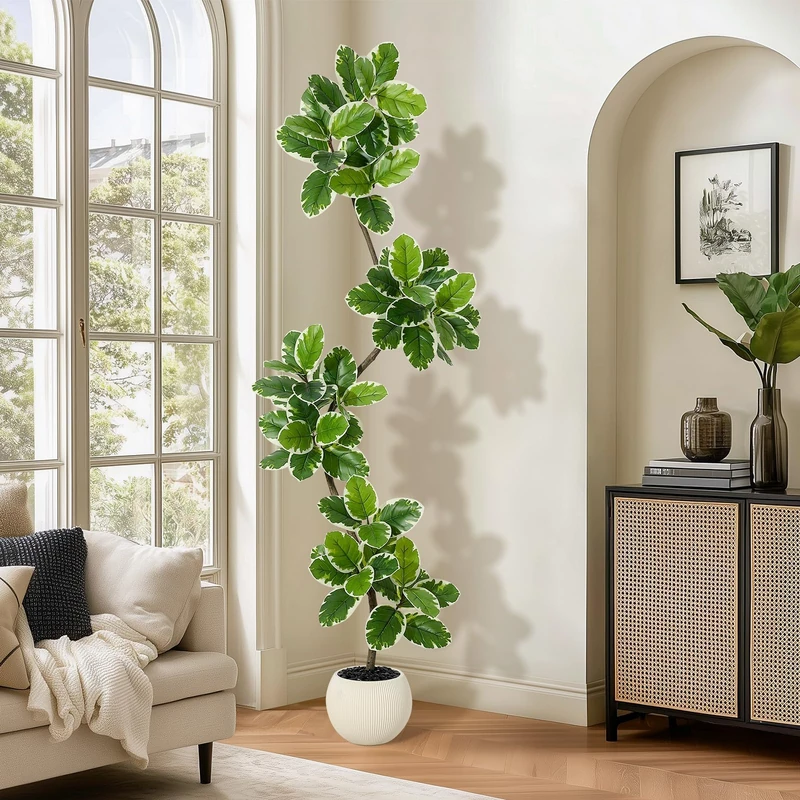 210 cm Large Realistic Artificial Ficus, Indoor/Outdoor with Pot, Moss and Pebbles, Multi-Trunk & Foliage, Maintenance-Free, Decorative Artificial Tree for Living Room, Office, Balcony