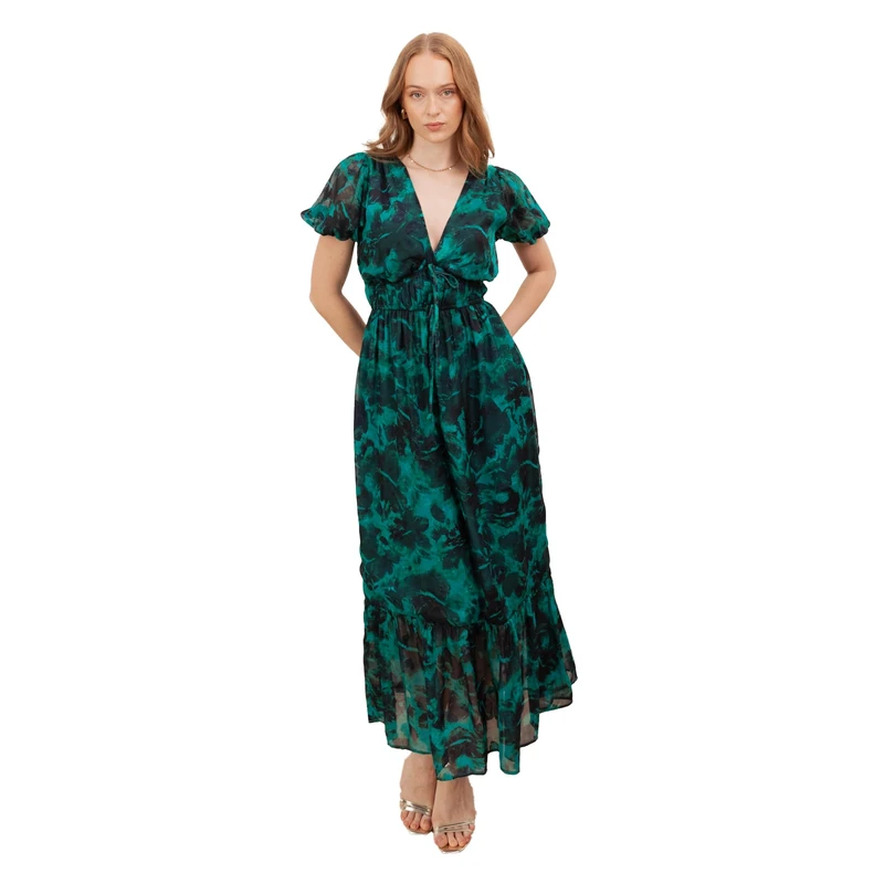 Lovedrobe Women's Midaxi Dress Ladies V-Neck Short Puff Sleeve Floral Print Tiered Bottom Hem A-line Tie Detail Elasticated Waist, Green 22