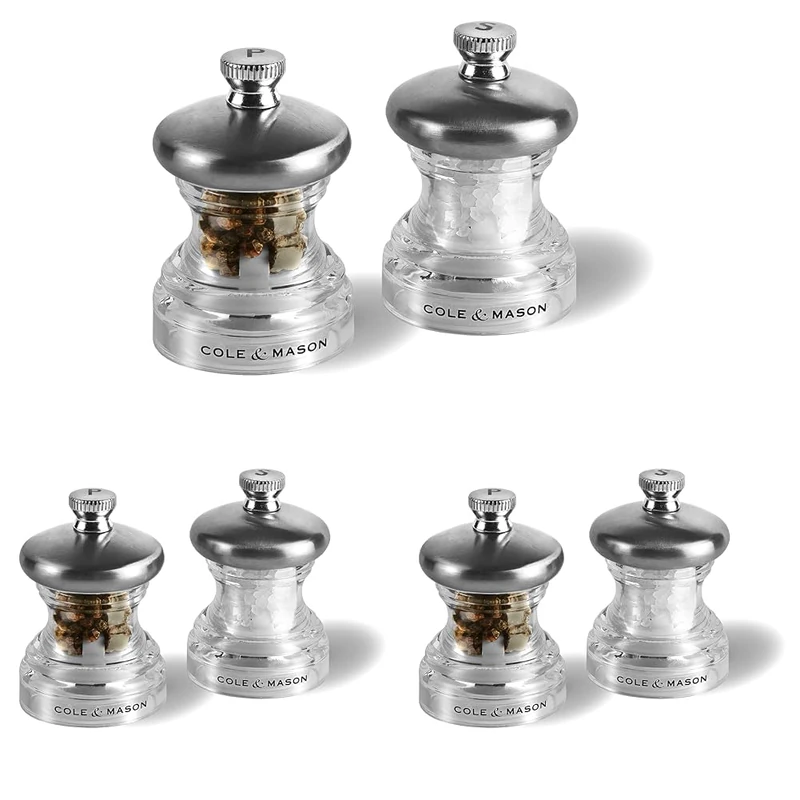 Cole & Mason Button Salt and Pepper Mill Set, Adjustable Precision+ Mechanism, Small 65mm Salt and Pepper Grinder Set Ideal for Picnics, Stainless Steel/Acrylic (Pack of 3)