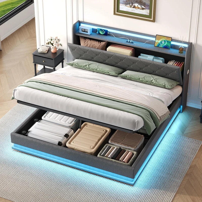 Ball & Cast King Size Bed Frame with Storage, Ottoman Upholstered Bed Frame with Headboard Storage & Hydraulic, 5ft Linen Bed Frame with LED-Lighting & Charging-Station, 150x200cm, Grey, (No Mattress)