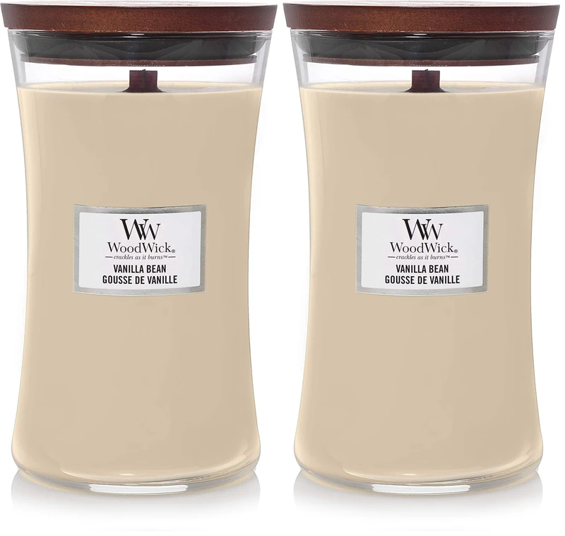 WoodWick Large Hourglass Scented Candle | Vanilla Bean | with Crackling Wick | Long Burning Candles: up to 130 Hours | Gifts for Women (Pack of 2)