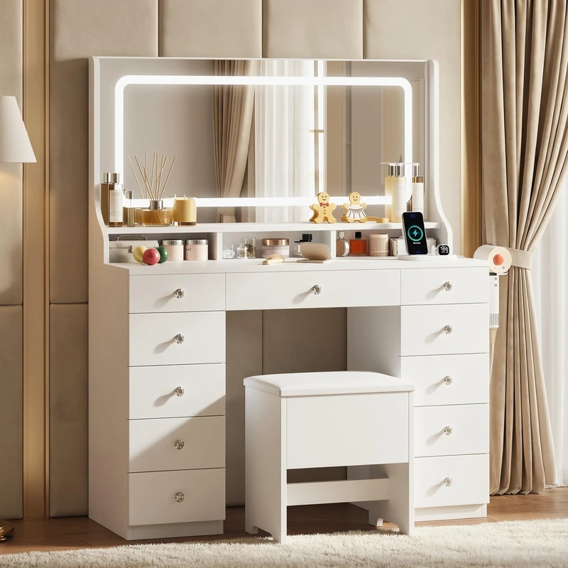 IRONCK Dressing Table with Mirror and Stool, Vanity Desk with Power Outlet & Hairdryer Holder, 11 Drawers Vanity Table with 3-Color LED Adjustable Brightness, White Dressing Table for Bedroom