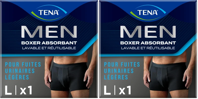 Tena Men Protective Boxers, Discreet Fit Washable Incontinence Pants that Protect from Light Leaks to Keep You Feeling Dry, Comfortable and Confident. Pack of 2 Black Size L