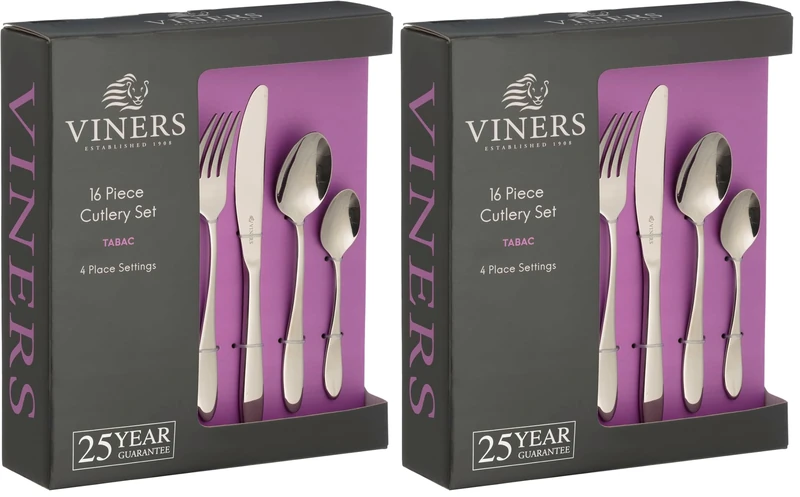 Viners Tabac Cutlery Set |18/0 Stainless Steel | Set of 16 Pieces | Silver Mirror Finish | Serves 4 | Dishwasher Safe | Gift Box (Pack of 2)