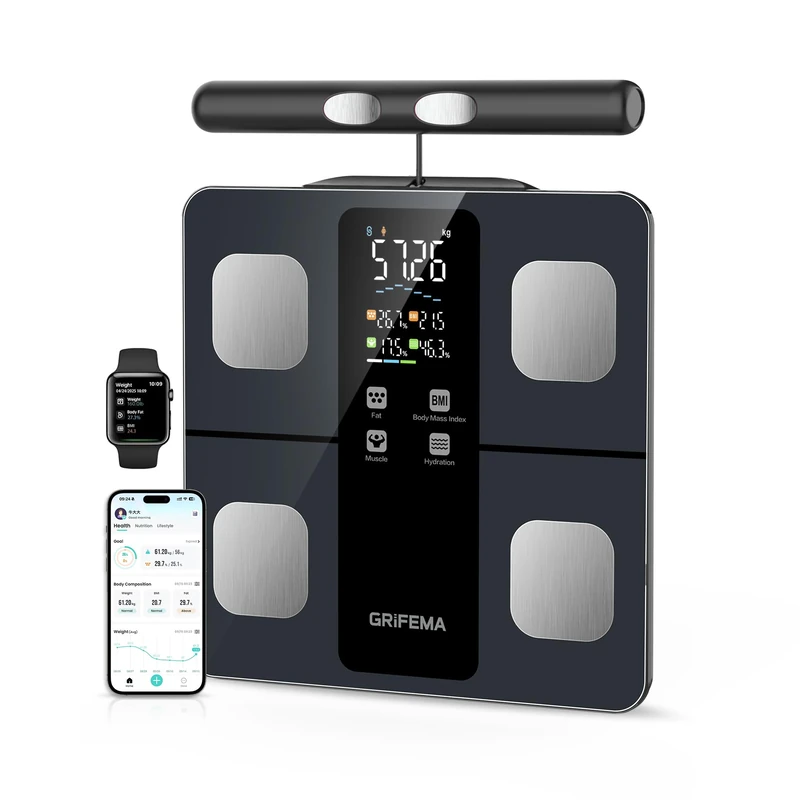 GRIFEMA GA2010 Body Fat Scale with 8 Electrodes, BMI, Muscle & Bone Mass 180kg Black