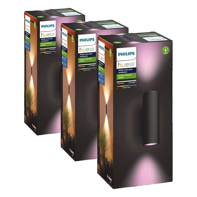 Philips Hue Appear Colour Smart LED Outdoor Wall Light, LED Outdoor Lighting for Patios and Gardens, Ambient Lighting Compatible with Alexa, Google Assistant and Apple Homekit (Pack of 3)