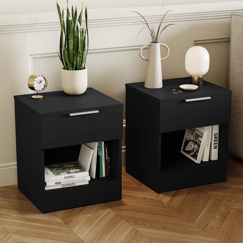 Vida Designs Trega 1 Drawer Bedside Cabinets Set of 2 Black - Compact Space-Saving Nightstands - 41H x 39W x 28D cm - Engineered Wood - Glide Drawers, Silver Handles - Ideal for Bedroom & Guest Room - Image 1