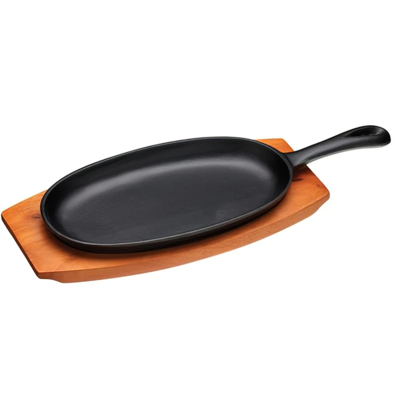 KitchenCraft World of Flavours Japanese Teppanyaki Grill Platter, Cast Iron Sizzling Plate with Wooden Base, 36 x 14.5 x 3.5 cm, Black (Pack of 6)
