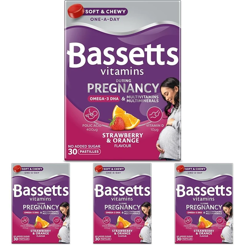 Bassetts Vitamins Pregnancy+ Omega-3 DHA Multivitamins & Multiminerals Strawberry & Orange Flavour 30 Gummy Pastilles (Pack of 4)