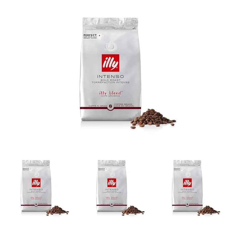 illy Intenso Coffee Beans, 100% Arabica Blend, Dark Roast, Intensity 7/9, Bold & Full-Bodied with Cocoa & Dried Fruit Notes, Suitable for Bean to Cup & Fresh Grinding, 500g Refill Pouch (Pack of 4)