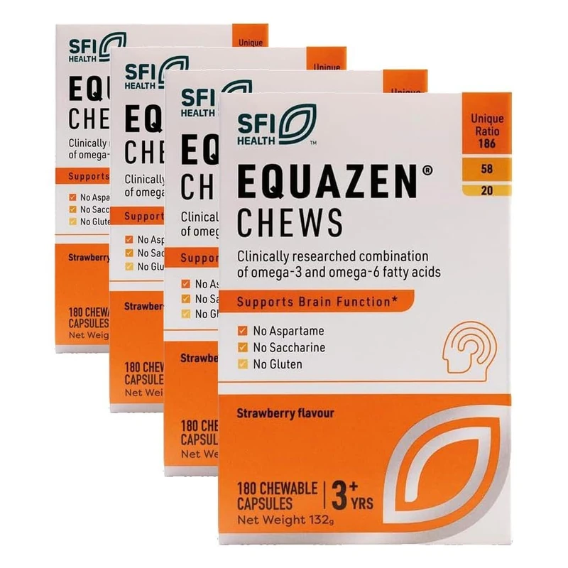 Equazen® Omega 3 & 6 Chews for Kids, Brain & Cognitive Support, DHA, EPA & GLA, Clinically Researched 9:3:1 Formula, Strawberry Flavour, Halal Certified, Age 3+, 720 Pack