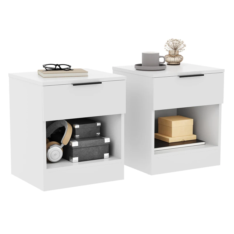 Vida Designs Trega 1 Drawer Bedside Cabinets Set of 2 White - Compact Space-Saving Nightstands - 41H x 39W x 28D cm - Engineered Wood - Glide Drawers, Black Handles - Ideal for Bedroom & Guest Room