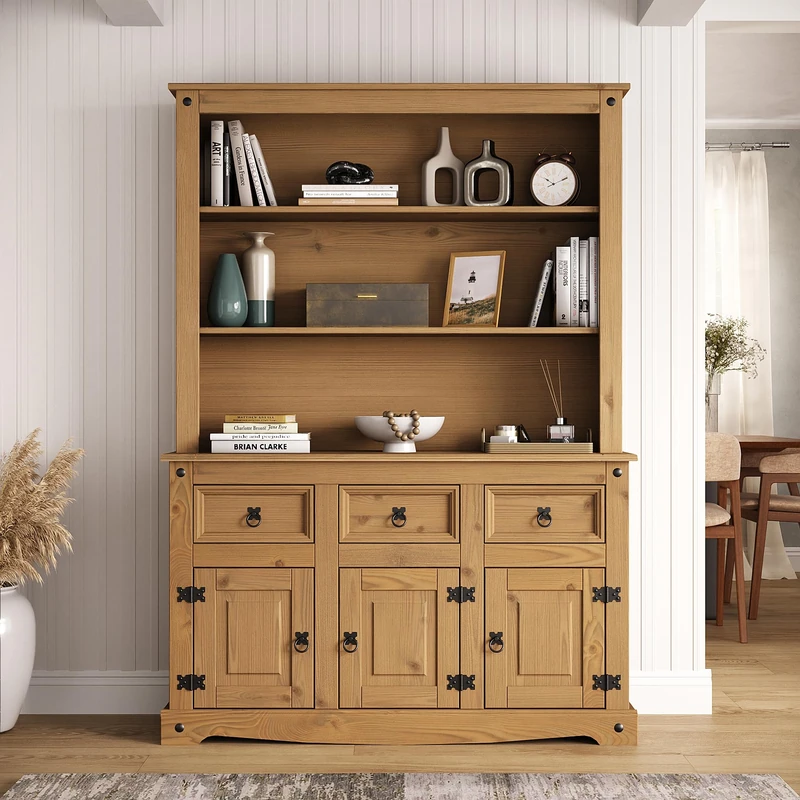 Corona Sideboard with Hutch Welsh Dresser Top 3 Door 3 Drawer Solid Waxed Pine Wooden Storage Cabinet with Shelves for Kitchen Hallway Living Room - Image 1