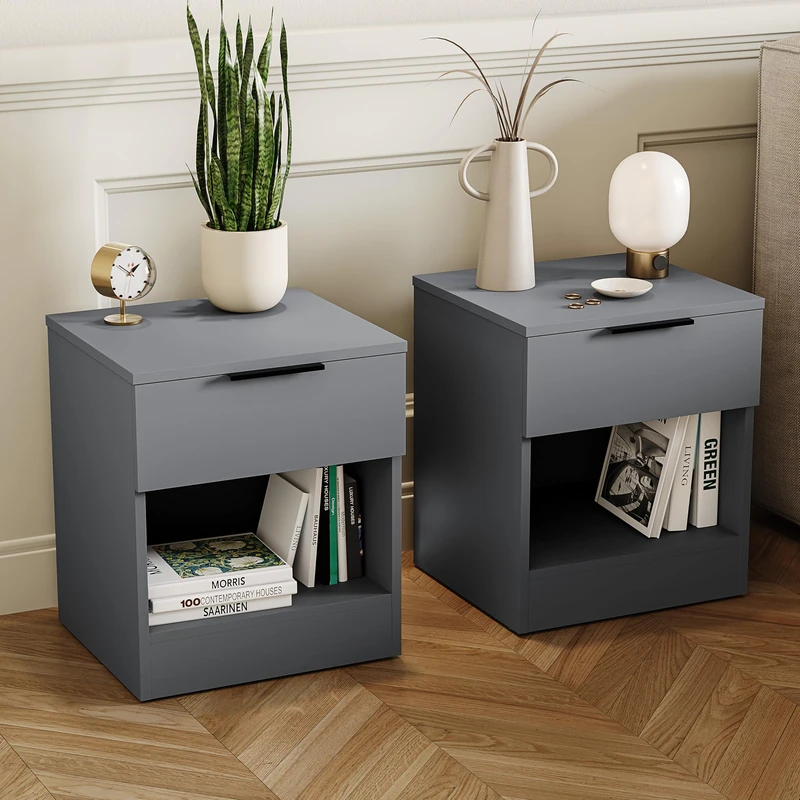 Vida Designs Trega 1 Drawer Bedside Cabinets Set of 2 Grey - Compact Space-Saving Nightstands - 41H x 39W x 28D cm - Engineered Wood - Glide Drawers, Black Handles - Ideal for Bedroom & Guest Room - Image 1