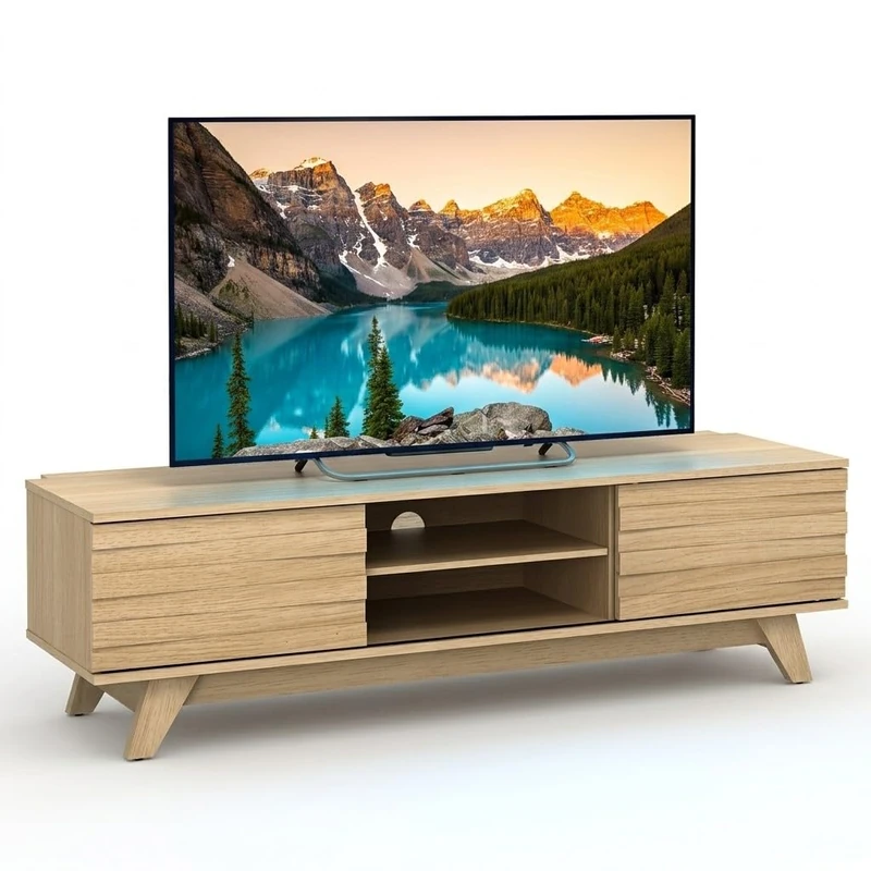 CASART TV Stand for 55 Inch TVs, 145cm Center TV Cabinet with 2 Sliding Doors, Adjustable Shelves & Cable Holes, Wooden Media Console Table for Living Room Office