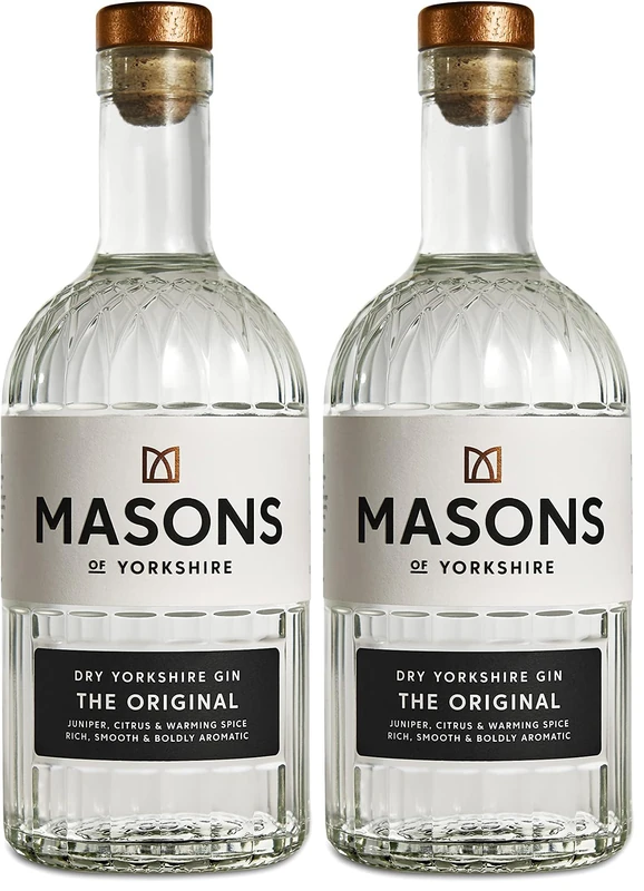 Masons Yorkshire Gin The Original London Dry | 70cl | 42% ABV | 10 Botanicals incl. Juniper, Cardamom & Bay Leaf | Copper Pot Distilled | Award-Winning Yorkshire Craft Gin (Pack of 2)