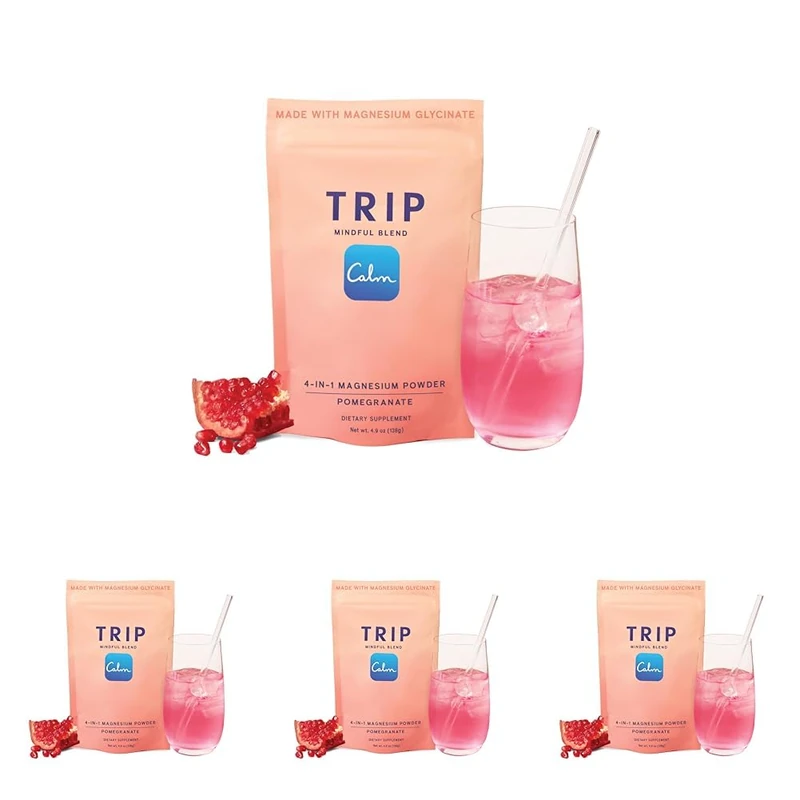 TRIP Magnesium Glycinate Powder - 7,500MG Magnesium per Pack with L-Theanine & Lion’s Mane, Delicious Pomegranate Orange Blossom Flavour, Sugar Free, 4 Pack - 30 Drink Mix Servings