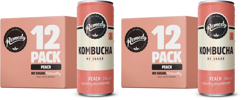 Remedy Kombucha Tea - Peach - Sparkling Live Cultured, Naturally Sugar Free Soft Drink - Prime Probiotic for Gut Health - 12 x 250ml (Pack of 2)