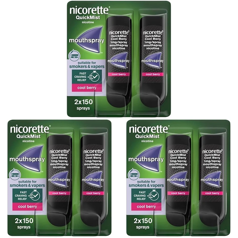 Nicorette QuickMist Mouthspray, Cool Berry (2 x 150 Sprays) Smoking or Vaping Cessation Aid, Designed to Start reducing Cravings in 30 Seconds (Quit Smoking or Quit Vaping Aid) (Pack of 3)