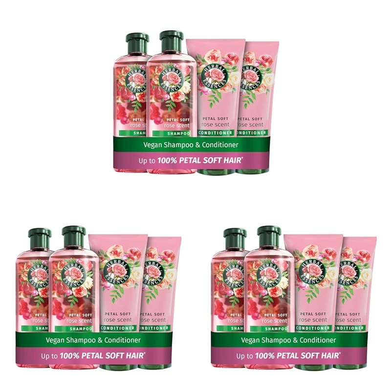 Herbal Essences Rose Scent Petal Soft Shampoo and Conditioner Set (2x350ml, 2x250ml) | Nourishes & Smoothens Dry Hair | Blended with Rose Essence & Natural Origin Ingredients | Vegan & Cruelty Free