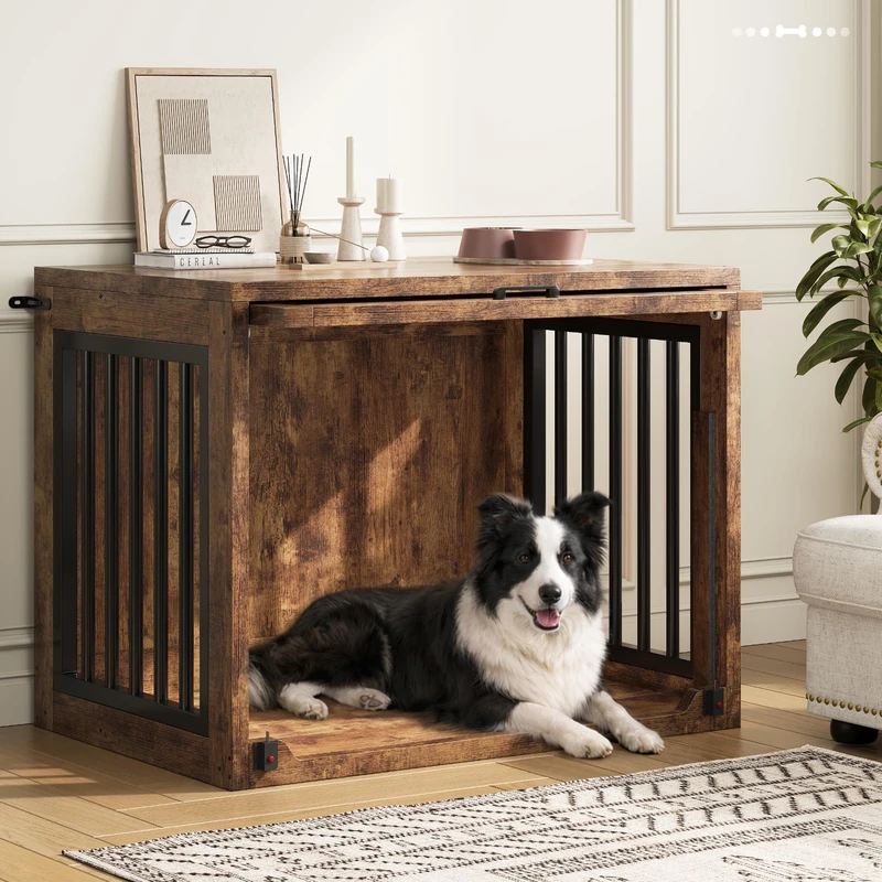 Jocoevol Dog Crate Furniture with Hidden Sliding Door & Quiet Pads for Beagles, French Bulldogs, Shiba Inus, Medium Wooden Dog Crate 89 x 56 x 76 cm, Rustic Brown
