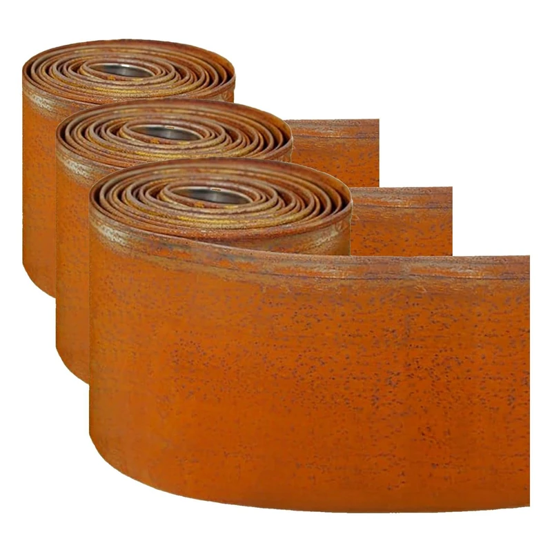 Corten Steel Metal Lawn Edging 10 Metre (33ft), Roll, Pre-Rusted Metal Garden Edging 14 cm High, Easy to install Garden Edge Border, Safety Gloves Included (RUST, 10M) (Pack of 3)
