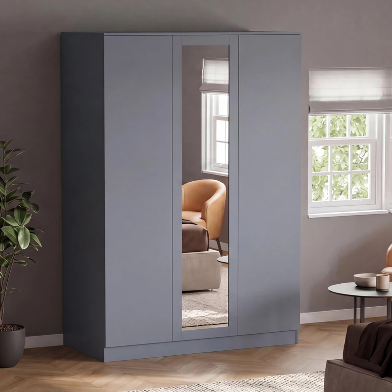 Vida Designs Denver 3 Door Mirrored Wardrobe | Grey | 170H x 116W x 54D cm | Modern Bedroom Furniture | With Storage Shelf & Hanging Rail | Large Capacity Storage - Image 1