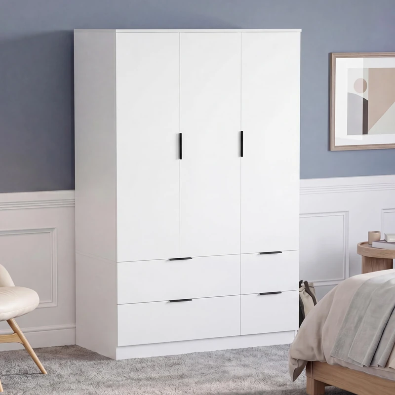 Vida Designs Trega 3 Door 4 Drawer Wardrobe | White | Modern Bedroom Furniture | 170H x 108W x 54D cm | With Storage Shelf & Hanging Rail | Large Capacity Storage
