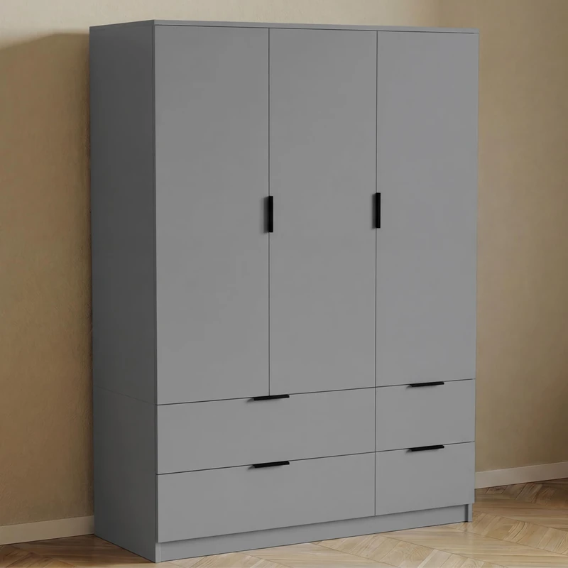 Vida Designs Trega 3 Door 4 Drawer Wardrobe | Grey | Modern Bedroom Furniture | 170H x 108W x 54D cm | With Storage Shelf & Hanging Rail | Large Capacity Storage - Image 1