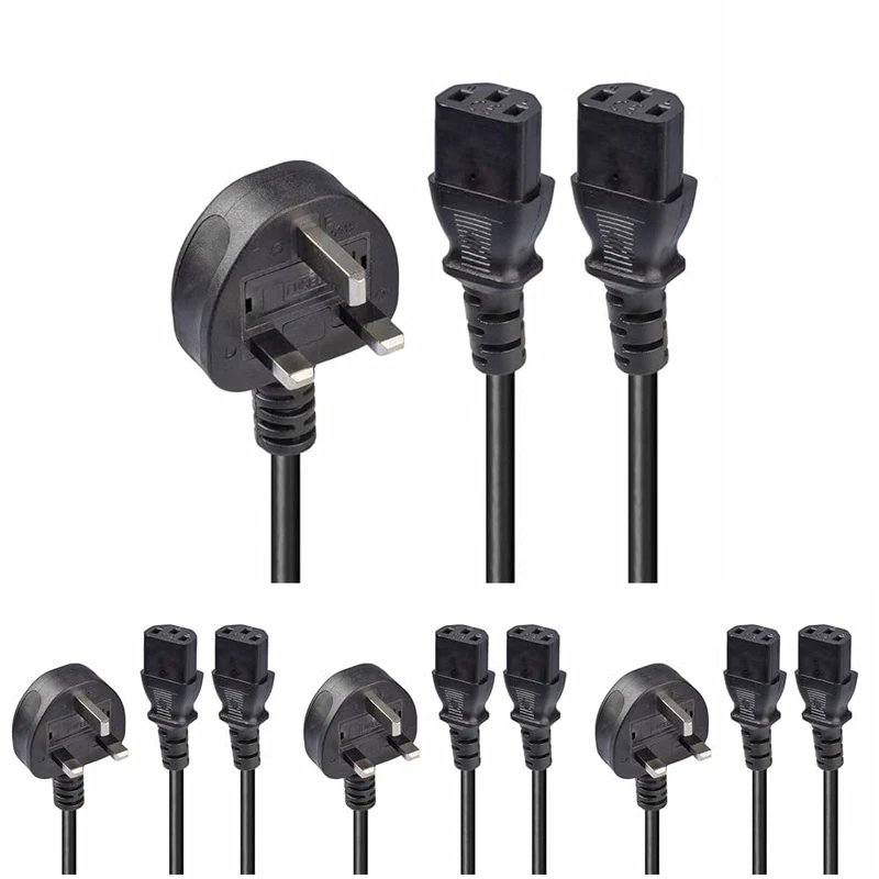Lindy 2.5m UK 3 Pin Plug to 2 x IEC C13 Splitter Extension Cable, Black (Pack of 4) - Image 1