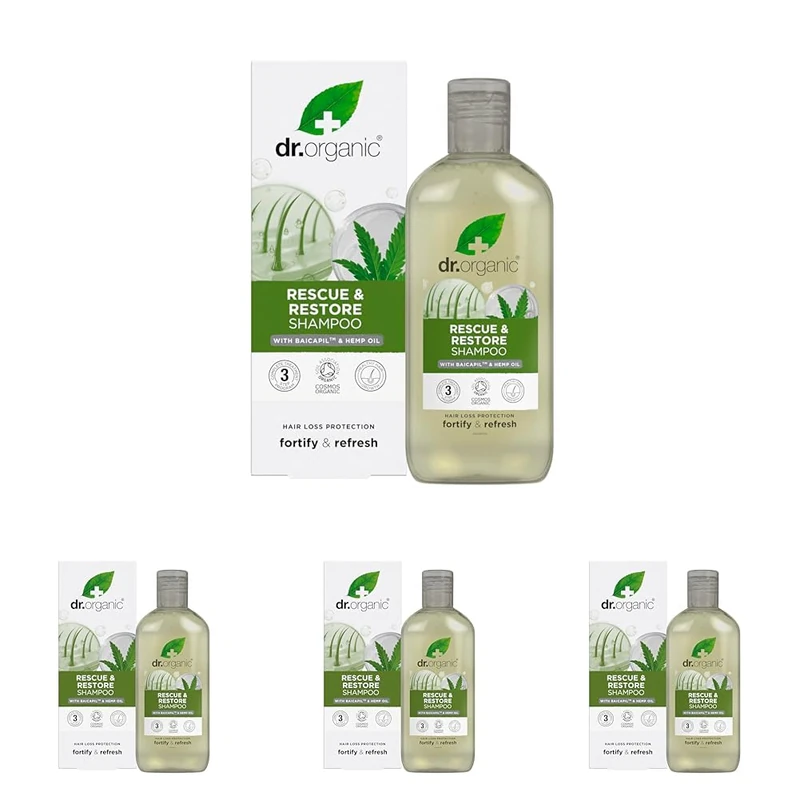 Dr Organic Hemp Oil Rescue Shampoo, Restoring, Mens, Womens, Natural, Vegetarian, Cruelty-Free, Paraben & SLS-Free, Organic, 265ml, Packaging may vary (Pack of 4)