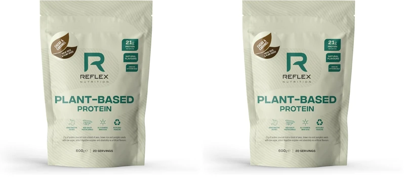 Reflex Nutrition Plant Based Protein - 21g Vegan Protein Powder (Pea Protein, Brown Rice Protein & Pumpkin Seeds) - Digestive Enzymes & Vitamin B12 - Natural Flavours (Cacao & Caramel, 20 Servings)