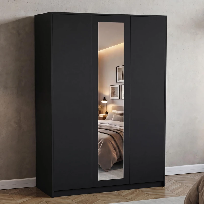Vida Designs Denver 3 Door Mirrored Wardrobe | Black | 170H x 116W x 54D cm | Modern Bedroom Furniture | With Storage Shelf & Hanging Rail | Large Capacity Storage - Image 1