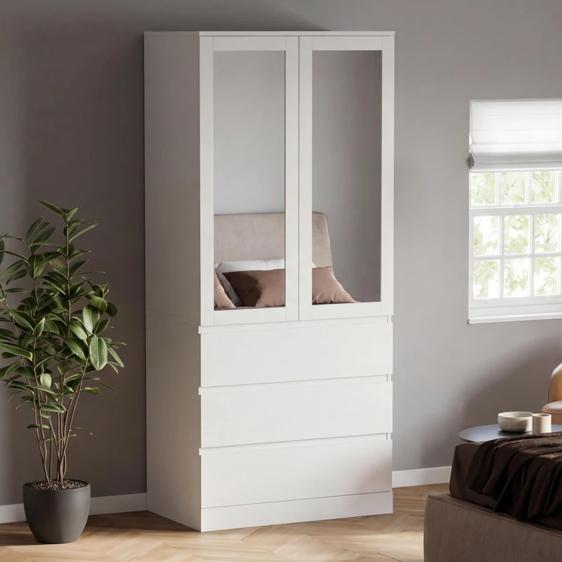 Vida Designs Denver 2 Door 3 Drawer Mirrored Wardrobe | White | 175H x 77W x 54D cm | Modern Bedroom Furniture | With Spacious Drawers & Hanging Rail | Large Capacity Storage
