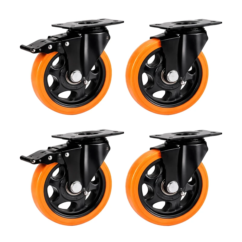 Relaxdays Swivel Castors, Set of 4, 125 mm, 600 kg total, Black/Orange