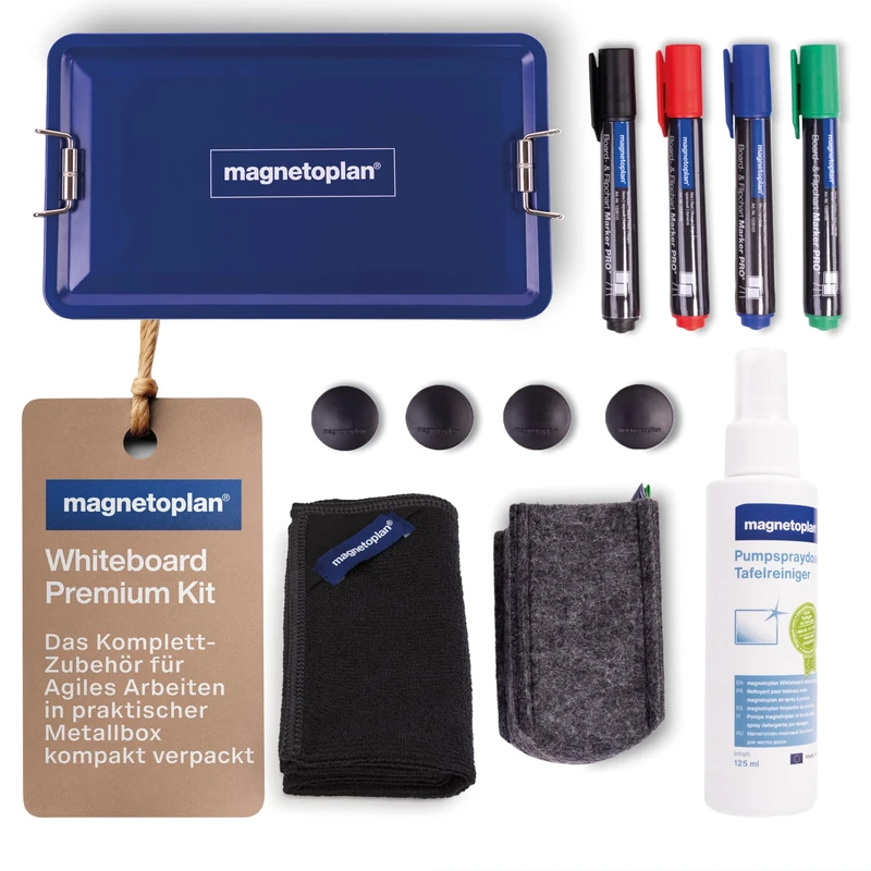 magnetoplan Whiteboard Premium Kit, Whiteboard Accessories in Practical Metal Box, Compact Packaged, Whiteboard Accessories Including Board Markers, Flipchart Pens, Magnets, Cleaner & Pen Holder