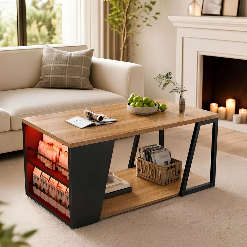 Feonase Coffee Table with 2-Tier Storage, Wood 100 cm Living Room Table with Adjustable LED Lighting, Center Tea Tables with Open Display Shelf For Home, Office