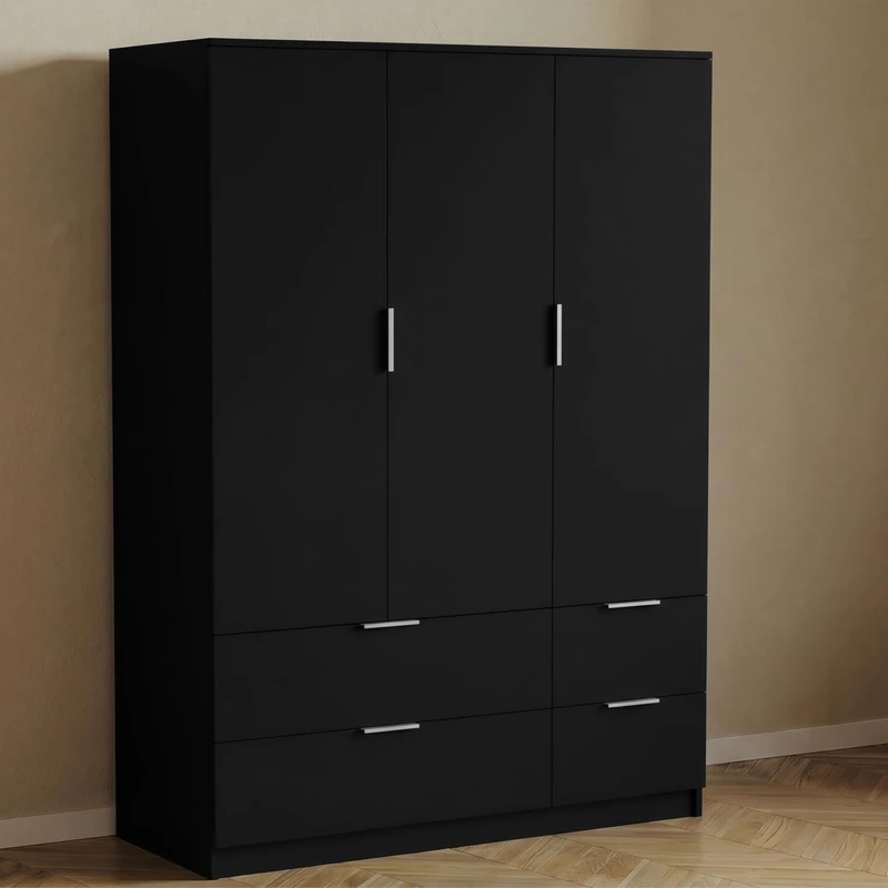Vida Designs Trega 3 Door 4 Drawer Wardrobe | Black | Modern Bedroom Furniture | 170H x 108W x 54D cm | With Storage Shelf & Hanging Rail | Large Capacity Storage - Image 1